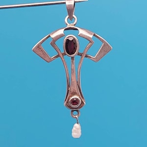 Antique 925 silver pendant Art Nouveau motif red garnet stone
