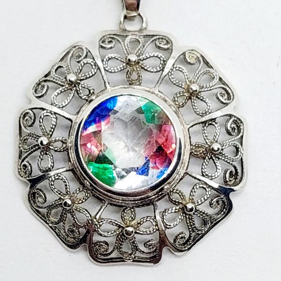 Antiker Silber Anhänger mit geschliffenem Rheinkiesel Blume 835er Silber Filigranschmuck View 2