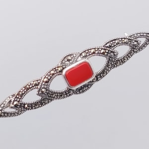 Nostalgic brooch with red stone carnelian 925 silver bar brooch marcasites