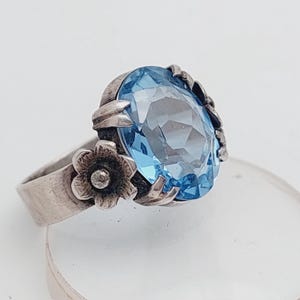 Antique silver ring aquamarine colored stone light blue antique ring antique jewelry size 15 US 7 1/4