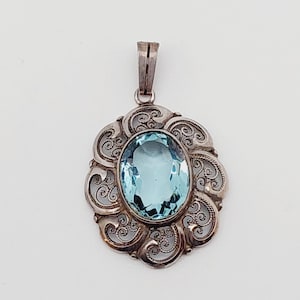 Antique 835 silver pendant with large blue cut stone Art Nouveau
