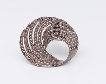 Broche Ou Clip De Corsage Argent Ancien - Hématite Et Marcassites - Style 1900 - France