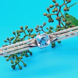 Beautiful antique 835 silver bar brooch light blue stone Art Deco brooch