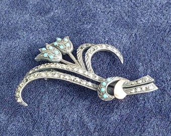 Antique Art Deco Solid Silver Flower Marcasite Brooch Pin Ribbon Austria Sparkle Gemstone Cute 1920s Vintage Women's Jewelry