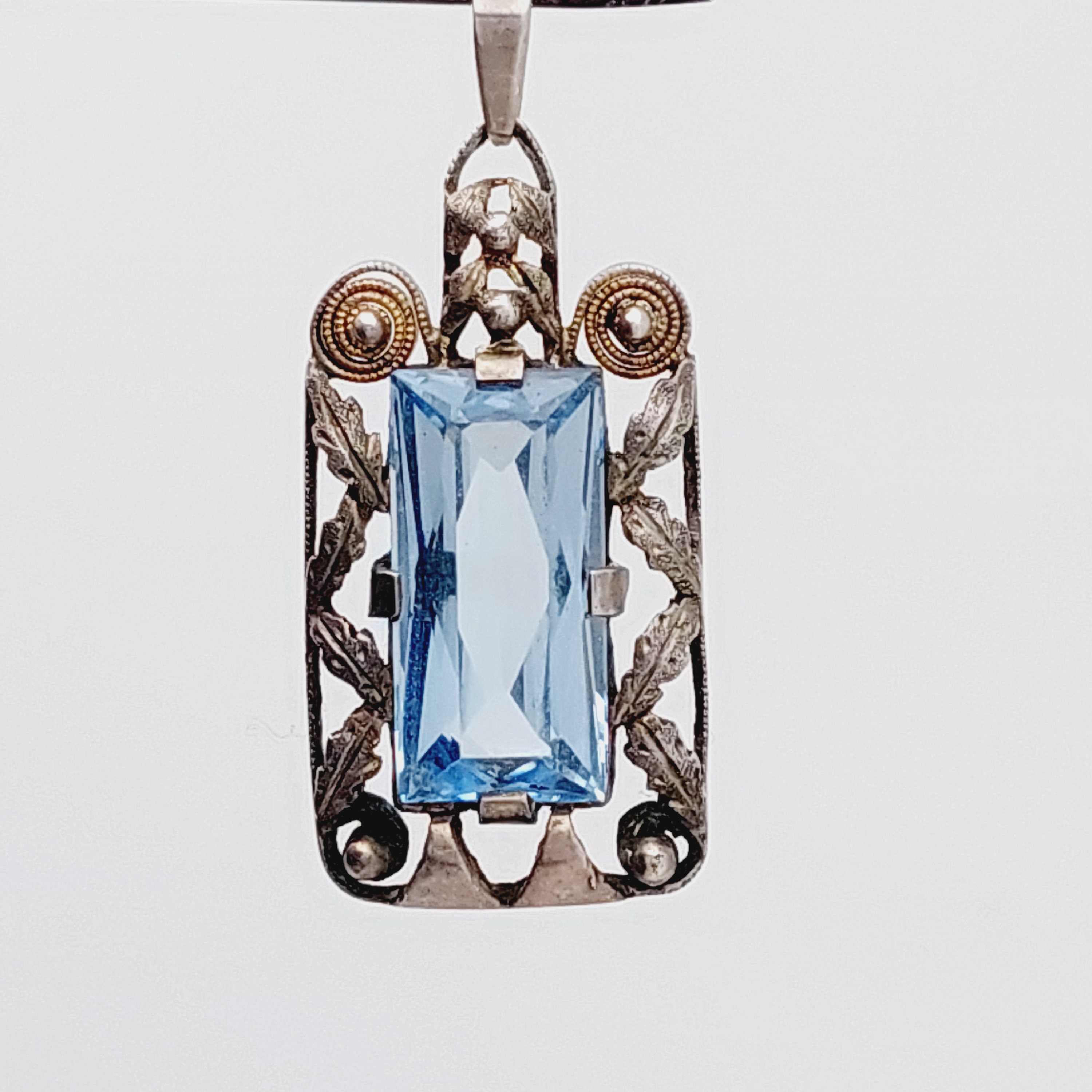 Pendentif Ancien Argent 830, Pierre Bleu Suisse/Londres - Bijou Art Déco Vintage Orné, Provenance Allemagne