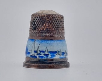 Antique Thimble 925 Silver Sterling Enamel Delft Pattern #5