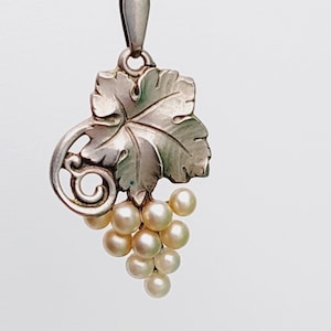 Antique double pendant pearl gold plated Art Nouveau grape vines with pearl grapes