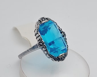 Antique 925 silver Art Nouveau ring with blue stone aquamarine colored size 14 US 7