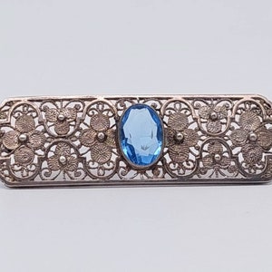 Beautiful antique 835 silver bar brooch light blue stone Art Deco brooch
