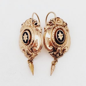 Antike Biedermeier Gold Double Ohrringe mit Emaille Blumen - Main Image