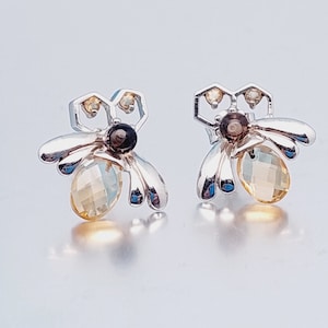 Nostalgic 925 silver bee fly earrings yellow cut stones