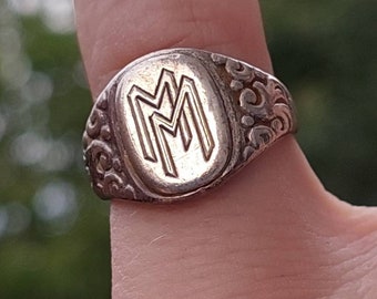 Size 16 56 Antique signet ring 835 silver men's ring initials MM antique jewelry