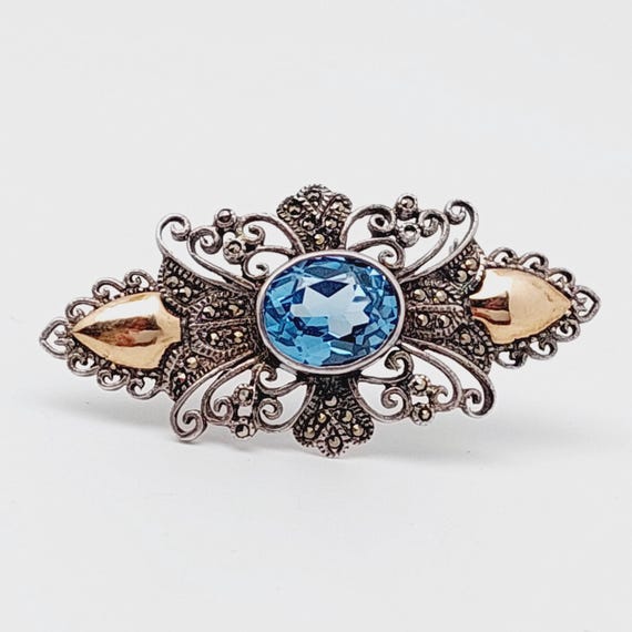 Broche Vintage Années 1930 - Argent 925 Avec Grosses Topazes Bleues Claires