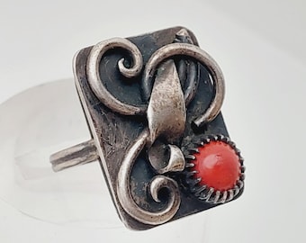Anillo antiguo con coral, talla 10, diseño floral Art Nouveau, joyería para mujer, regalo de Navidad para ella, anillo de sello