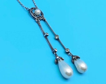 Collar Art Déco antiguo, joyería de plata antigua con perlas, cadena de solapa, collar de plata