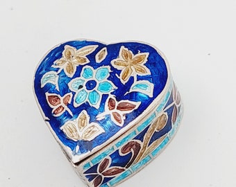 Antique 925 silver enamel heart tin flowers pill box enamel work