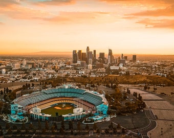 Dodgers Stadium Chavez Ravine Los Angeles Skyline Sunset - Framed Canvas + FREE SHIPPING