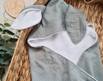 Embroidered Hooded Baby Towel, Personalised New Baby Gift, Soft Cotton Baby Towel with Bunny Ears, Baby Bath Essentials