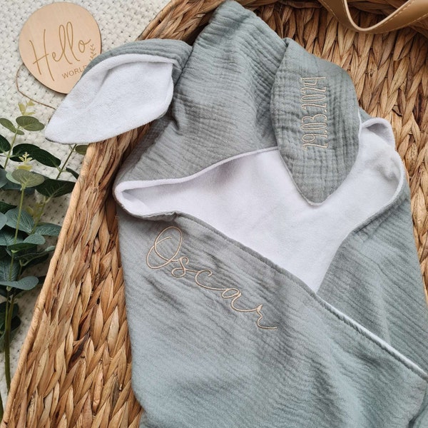 Embroidered Hooded Baby Towel, Personalised New Baby Gift, Soft Cotton Baby Towel with Bunny Ears, Baby Bath Essentials