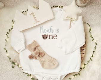 Beary First Birthday Personalised Baby Romper, Custom 1st Birthday Baby Boy Sweatshirt, Baby Boy Beary First Birthday, 1st Birthday Gift Set