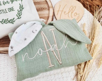 Personalised Baby Comforter: Embroidered Bunny Lovey, Muslin Baby Blanket