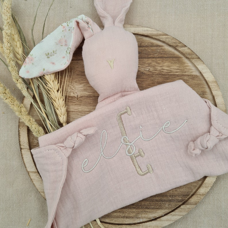 Light pink muslin baby bunny comforter. Pastel pink cuddle bunny toy
