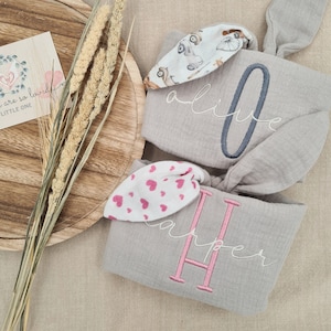 Light grey cotton bunny comforter with embroidered baby name initial and full baby name