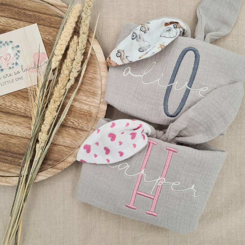 Light grey cotton bunny comforter with embroidered baby name initial and full baby name