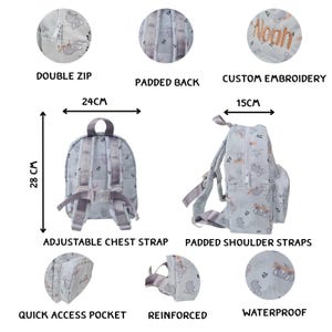 May include: A light blue backpack with an elephant pattern, featuring a double zip, padded back, and adjustable chest strap. It measures 28 cm high, 24 cm wide, and 15 cm deep. Includes custom embroidery and a quick access pocket. The backpack is waterproof.