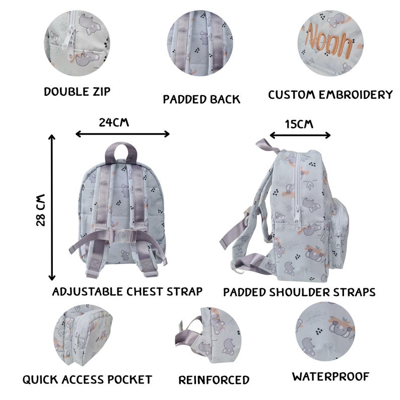 May include: A light blue backpack with an elephant pattern, featuring a double zip, padded back, and adjustable chest strap. It measures 28 cm high, 24 cm wide, and 15 cm deep. Includes custom embroidery and a quick access pocket. The backpack is waterproof.