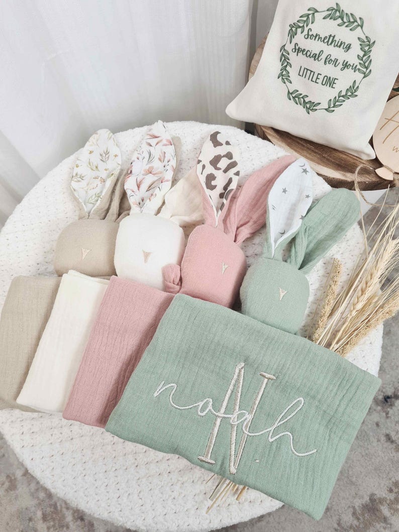 Personalised Baby Comforter: Embroidered Bunny Lovey, Muslin Baby Blanket image 2