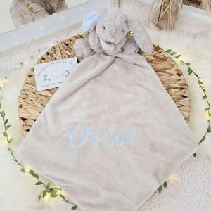 Personalised Embroidered Baby Comforter Blanket with Plush Toy: Dinosaur, Unicorn, or Bunny Blue Bunny