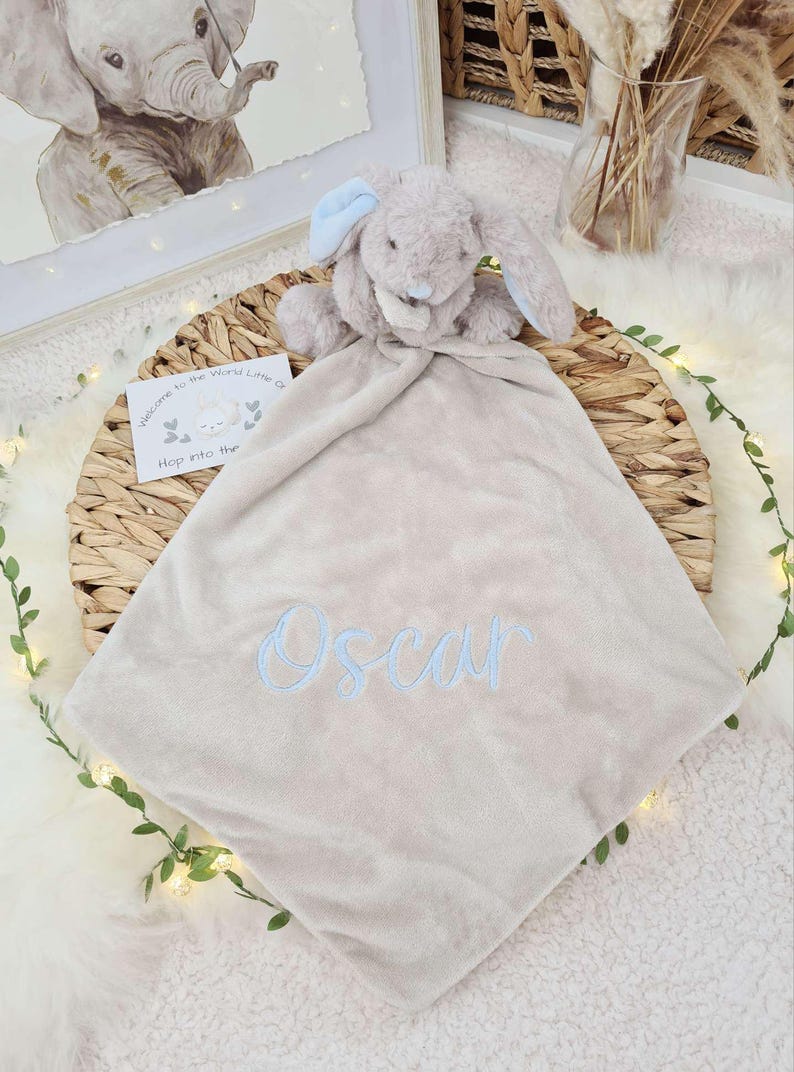 Personalised Embroidered Baby Comforter Blanket with Plush Toy: Dinosaur, Unicorn, or Bunny Blue Bunny