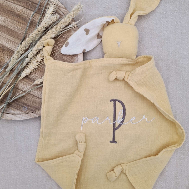 Personalised Baby Comforter, Embroidered Security Blanket, Bunny Lovey, Muslin Comforter, Personalised New Baby Gift, First Easter Gift. Yellow
