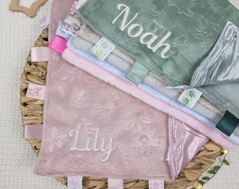 Personalised Sensory Tag Blanket, Baby Comforter with Ribbons and Embroidered Baby Name