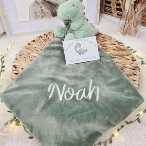 Personalised Embroidered Baby Comforter Blanket with Plush Toy: Dinosaur, Unicorn, or Bunny Dinosaur