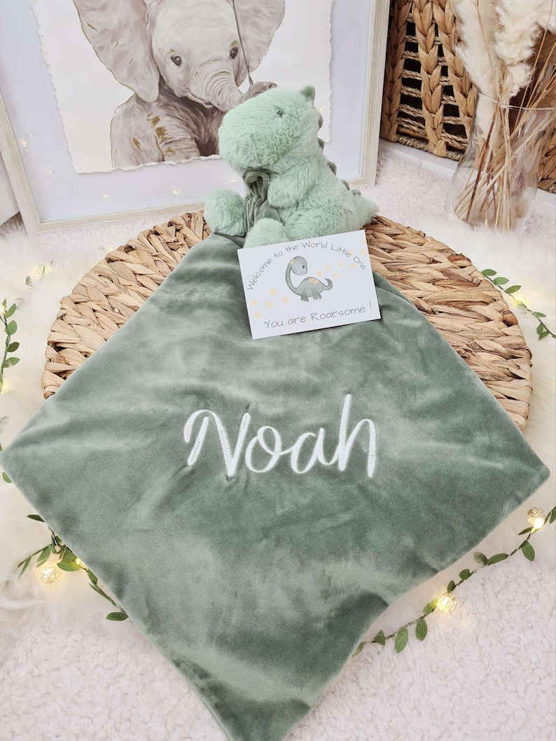 Personalised Embroidered Baby Comforter Blanket with Plush Toy: Dinosaur, Unicorn, or Bunny Dinosaur