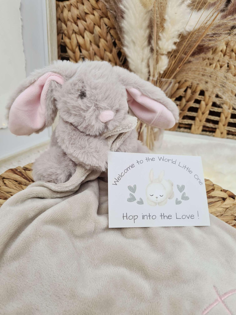 Personalised Embroidered Baby Comforter Blanket with Plush Toy: Dinosaur, Unicorn, or Bunny Pink Bunny