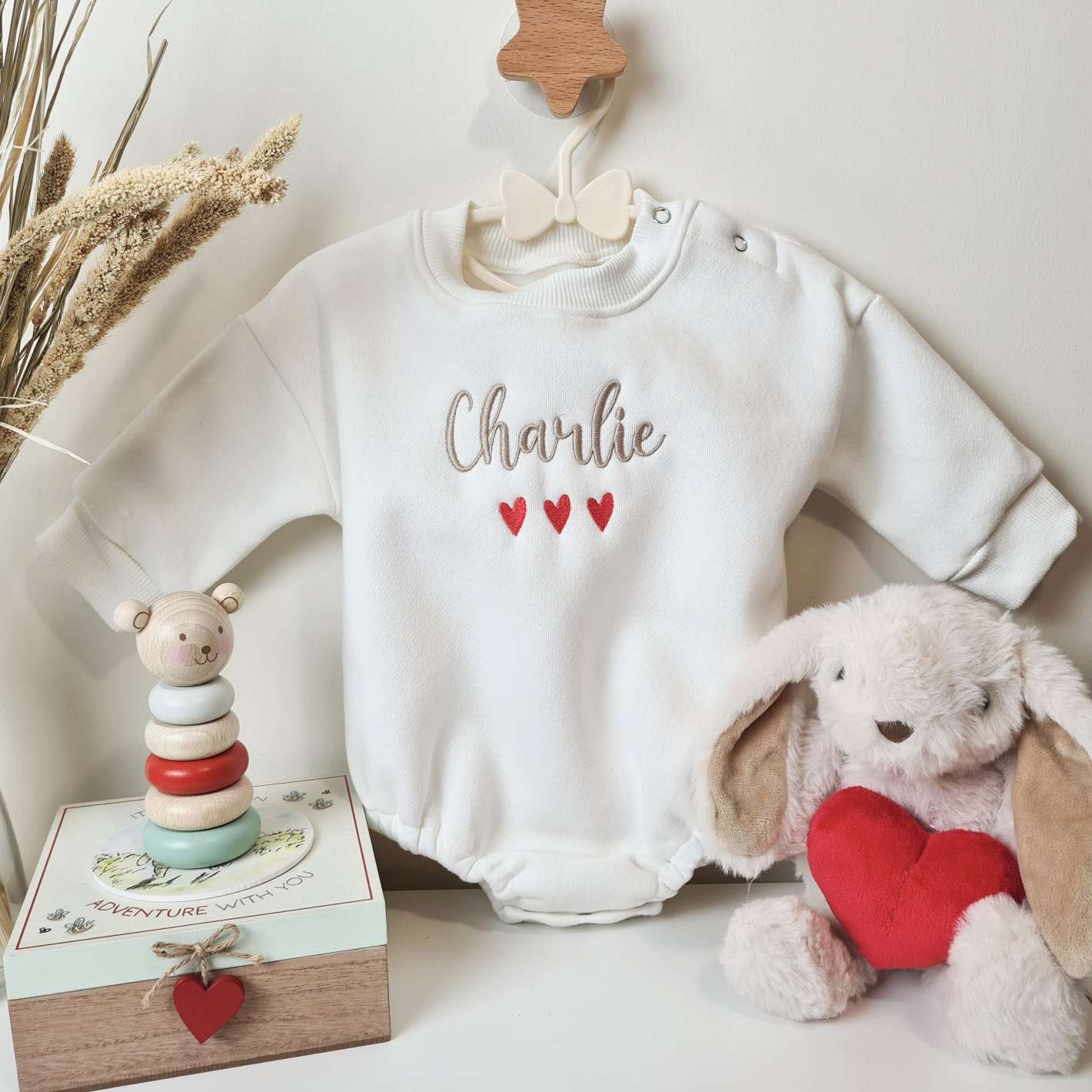 Newborn Baby Girl Valentine Outfit - Heart Embroidered Smocked Bubble Romper Long Sleeve Bodysuit