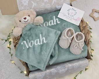 Personalised Baby Blanket, Comforter and Booties Gift Set: Embroidered Baby Name, Gift Ready Packaging.