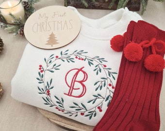 Personalised Baby Christmas Romper, Embroidered Christmas Monogram Sweatshirt Romper, First Christmas Baby Gift, Baby Christmas Outfit