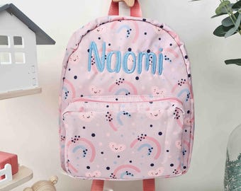 Personalised Kids Backpack for Nursery, Rainbow Girl Backpack, Custom Name Embroidered Nursery Bag with Chest Straps, Gift for Girls.