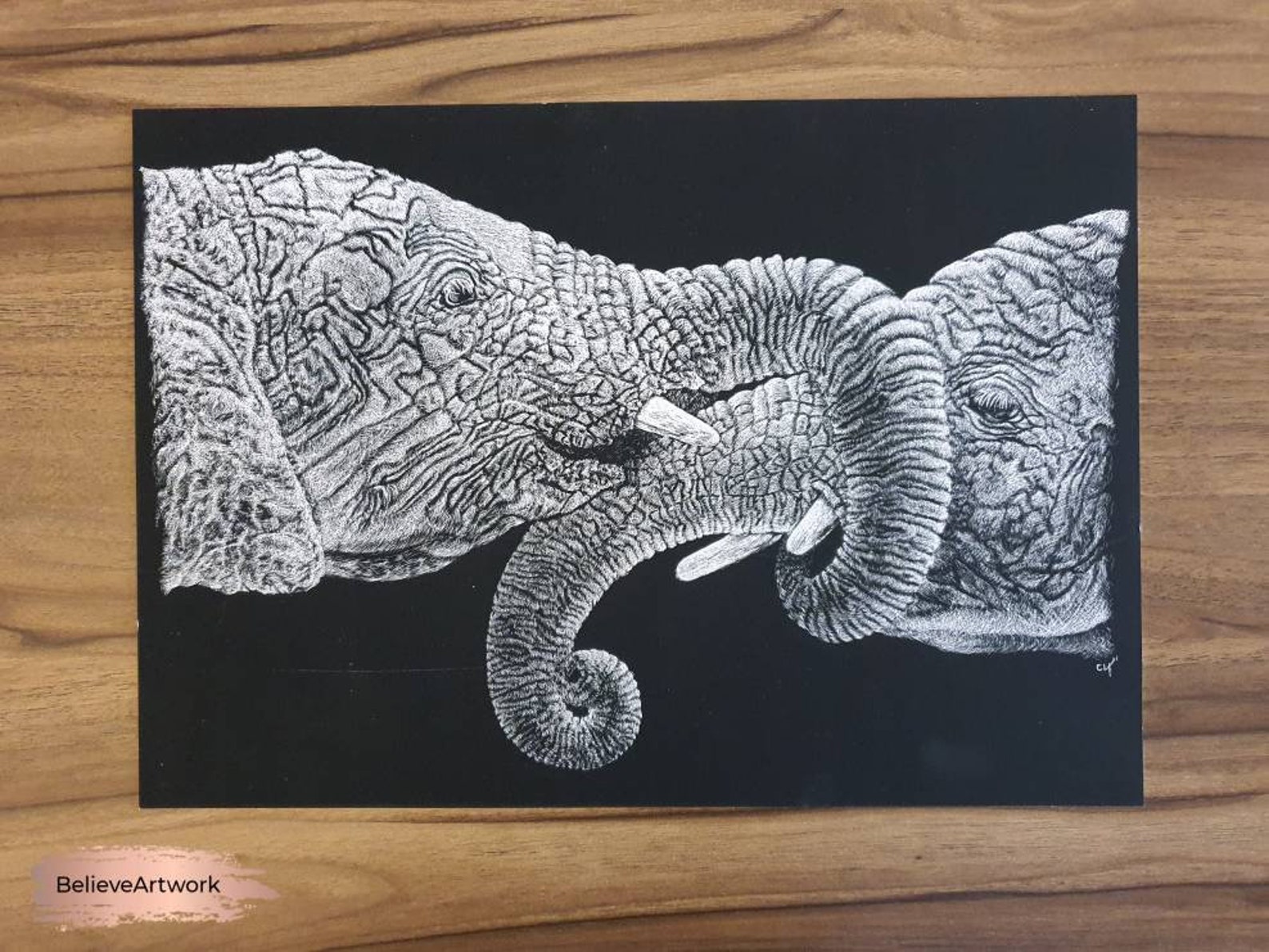 African Elephants Entwined Scratchboard Art Print Etsy