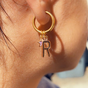 Initial Hoop Earring , Personalized Jewelry , Gold initial Earring with star pendant