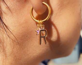 Initial Hoop Earring , Personalized Jewelry , Gold initial Earring with star pendant