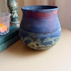 Signed Studio Raku Pottery Pot 6 Inch, Iridescent Metallic Glaze Ceramic Vase, Copper Blue Teal Crackle Vessel, Organic Studio Art Pottery