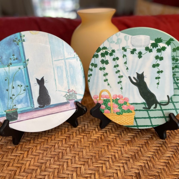 Pair of Vintage Mebel Italy Black Cat Melamine Trivets/Footed Plates | Cottagecore