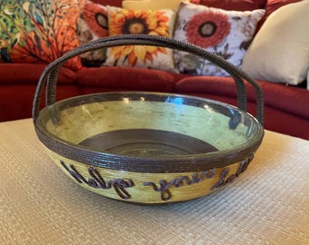 Vintage Folk Art Twine Basket with Rattan Handle