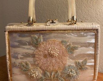 Vintage Tropical of Miami Wicker Purse Lucite Mother of Pearl & Floral Beading, MCM 1950s