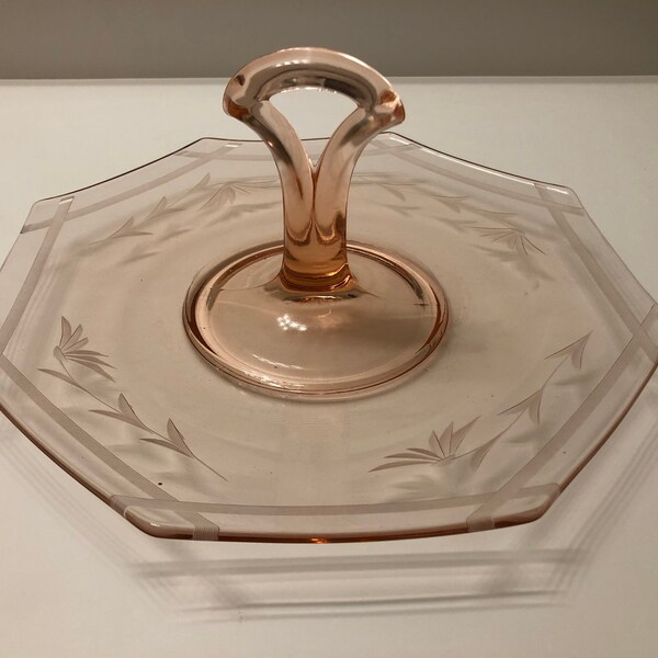 Vintage Pink Etched Depression Glass Octagonal Serving Tidbit Tray 1930s